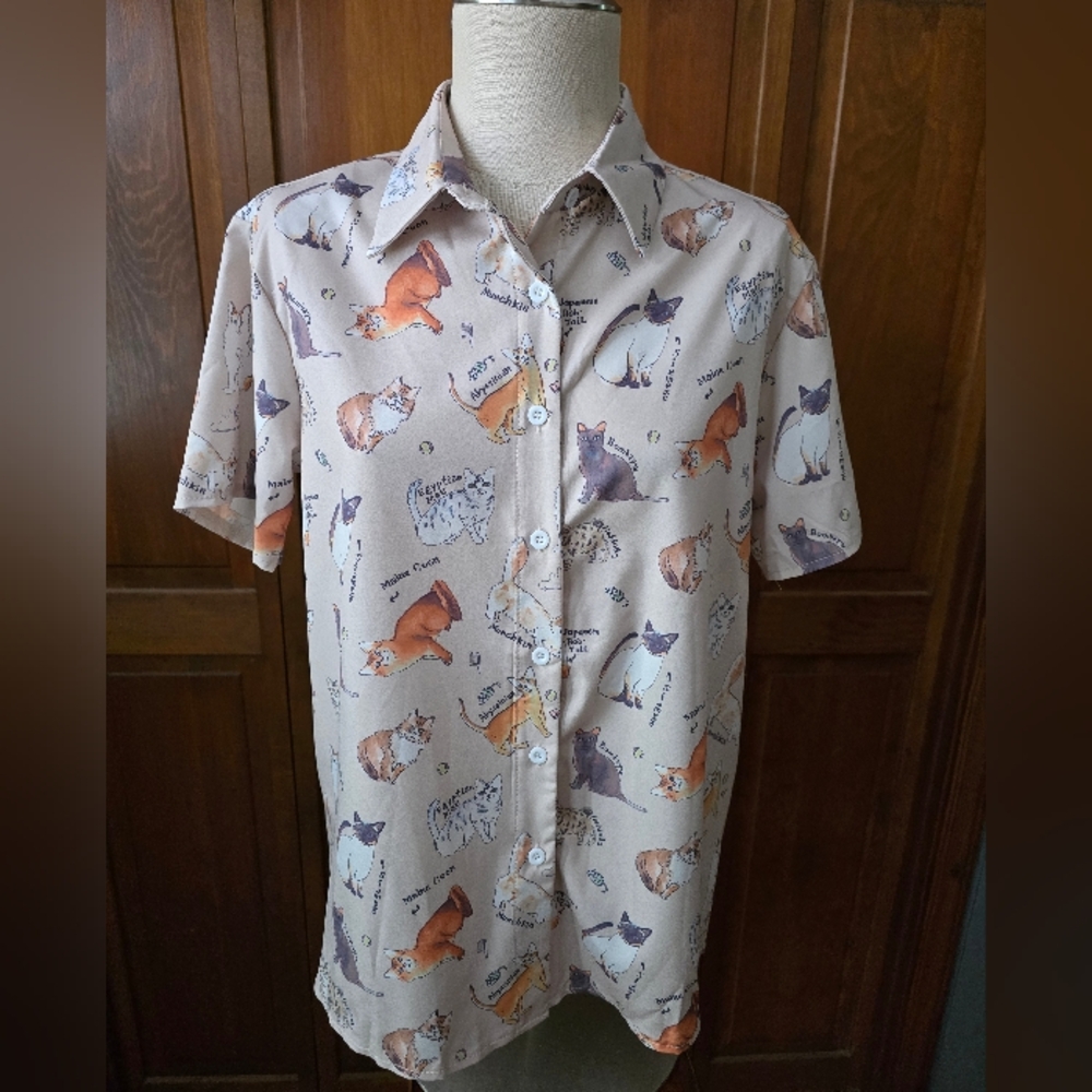 ROMWE Cat Print Button Down Shirt | Mens Size Small | NWT